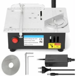 HAPPYSHOPPING Mini Scie A Table Multifonctionnelle De Bureau Mini Scie A Table En Alliage D'aluminium Bricolage Petite Machine De Decoupe Alimentation A 7 Vitesses Avec Fonction De Regle De Poussee D'angle Norme S-2, Norme Europeenne 220V